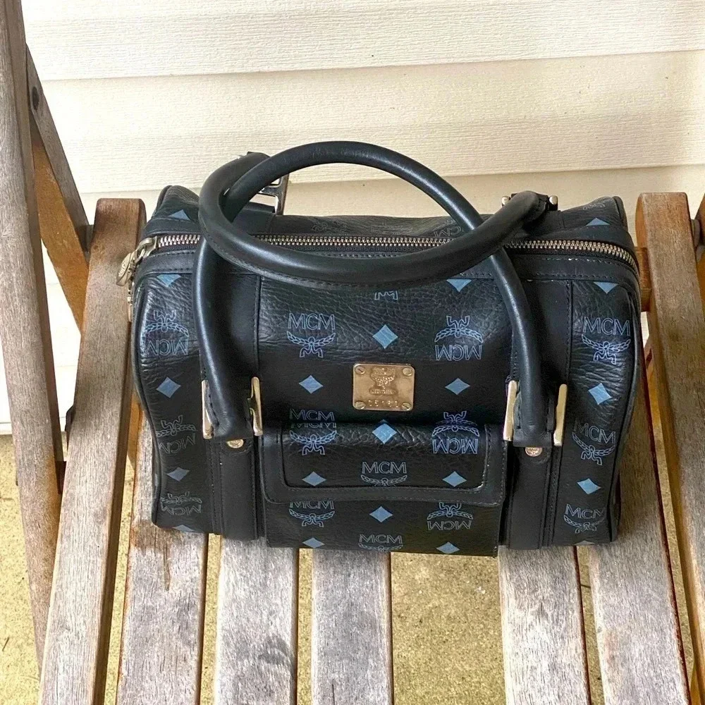 MCM Black Visetos Boston  Bag